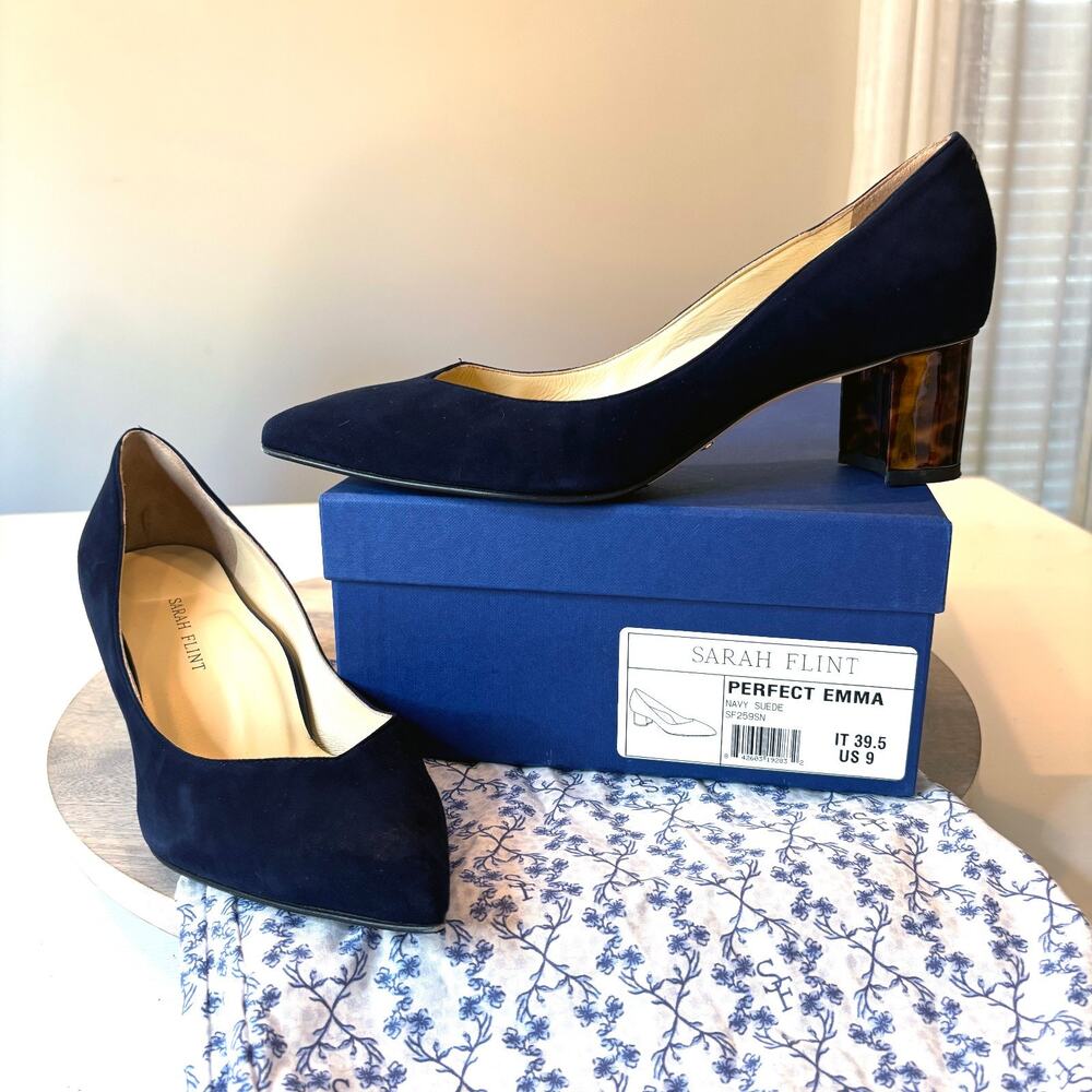 Sarah Flint Perfect Emma Pumps US 9 EU 39.5 Navy Suede Tortoise Heels Italy